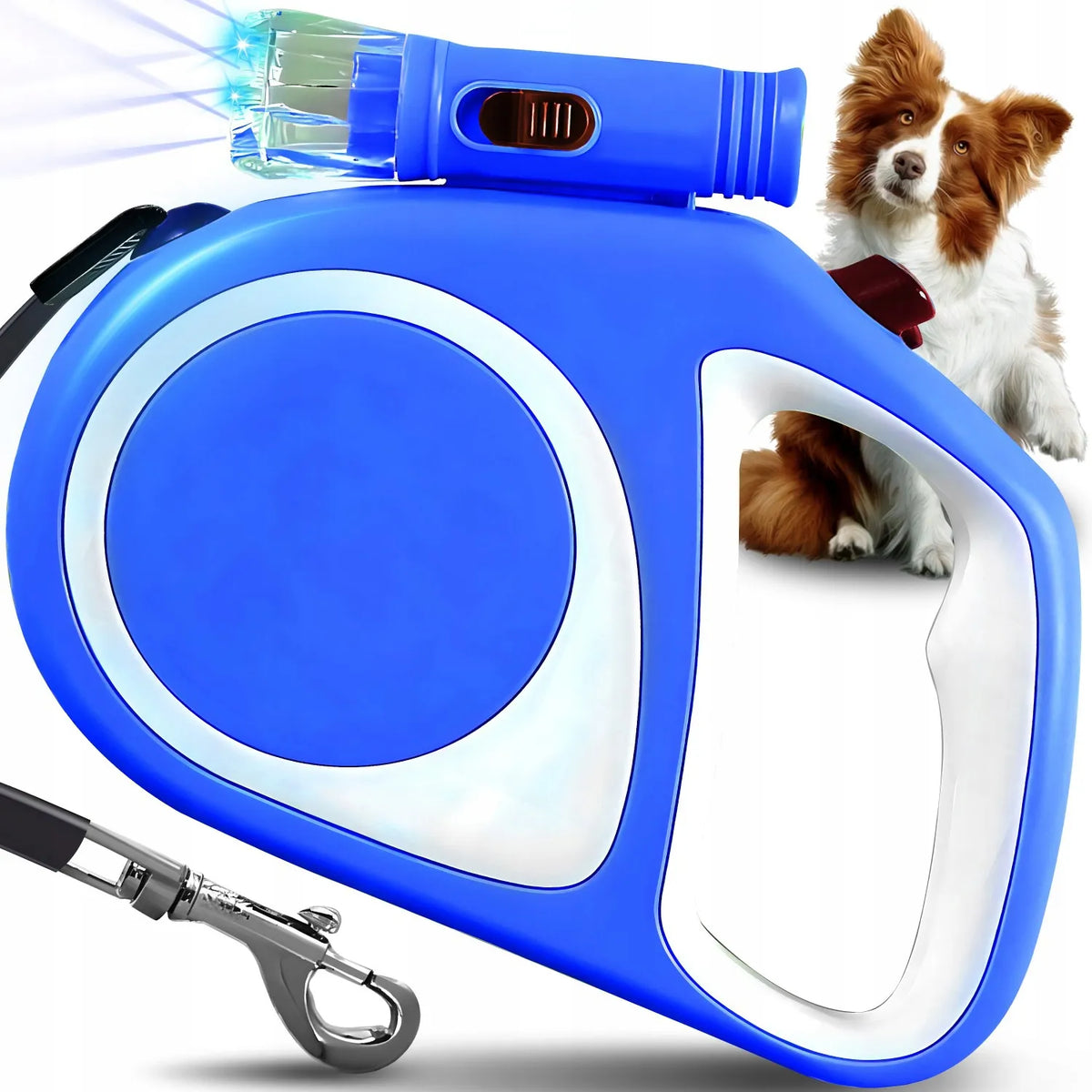 AUTOMATINIS PAVADĖLIS ŠUNIMS IR KATĖMS, TVIRTA 5 M JUOSTA, SU BLOKAVIMU, IKI 15 KG, LED ŽIBINTUVĖLIS