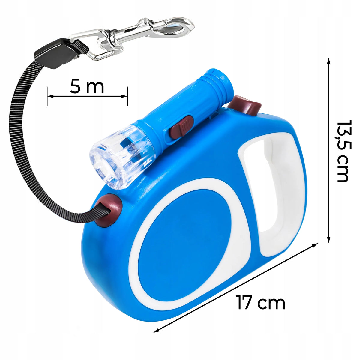AUTOMATINIS PAVADĖLIS ŠUNIMS IR KATĖMS, TVIRTA 5 M JUOSTA, SU BLOKAVIMU, IKI 15 KG, LED ŽIBINTUVĖLIS