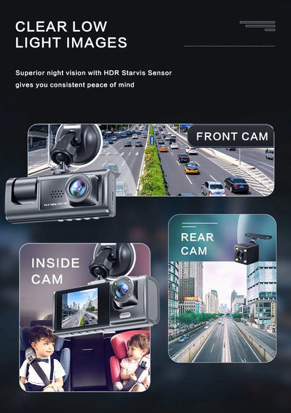 Automobilinė kamera 3 objektyvai 1080P naktinis matymas infraraudonaisiais spinduliais IPS 2"