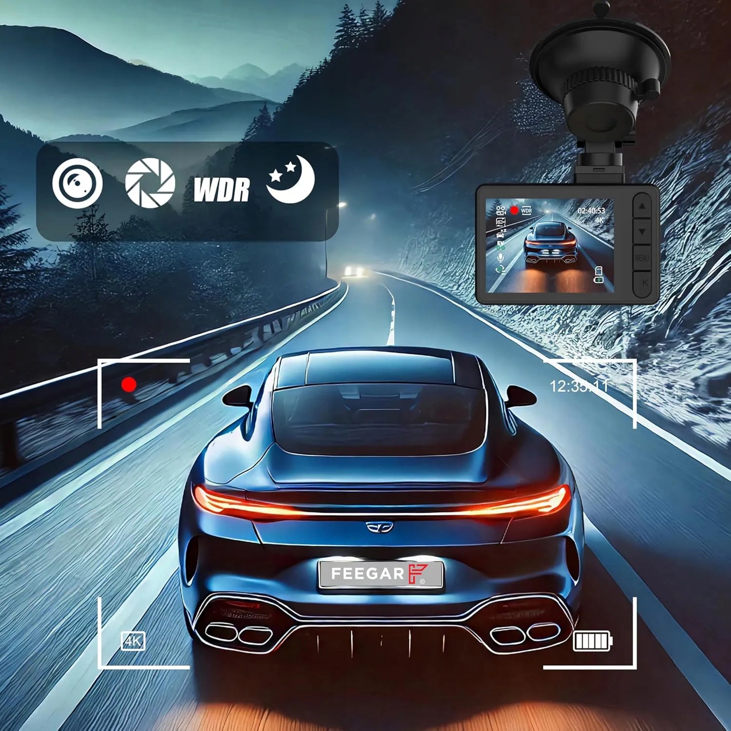 Automobilinė kamera Feegar Traffic 4K UHD vaizdo registratorius WiFi 170° + galinė kamera