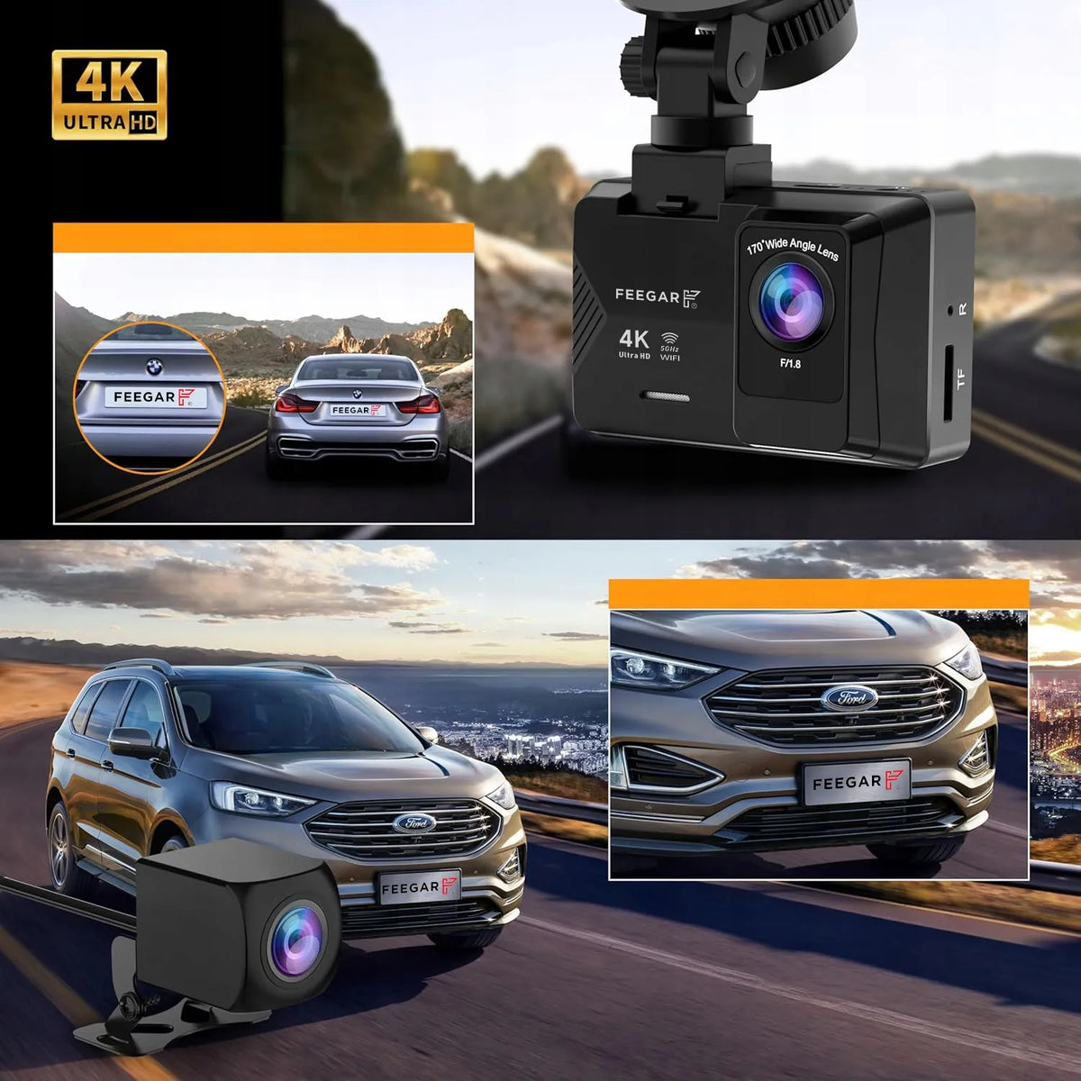 Automobilinė kamera Feegar Traffic 4K UHD vaizdo registratorius WiFi 170° + galinė kamera