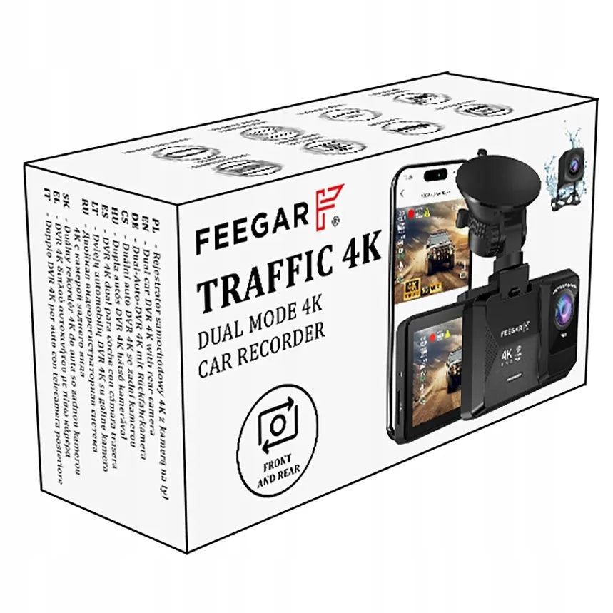 Automobilinė kamera Feegar Traffic 4K UHD vaizdo registratorius WiFi 170° + galinė kamera