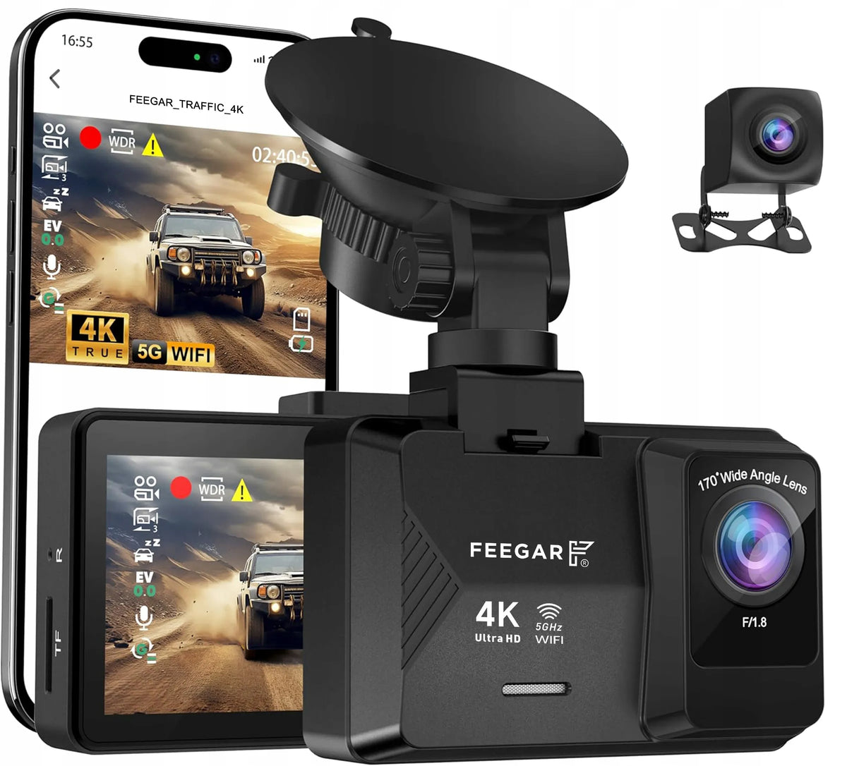 Automobilinė kamera Feegar Traffic 4K UHD vaizdo registratorius WiFi 170° + galinė kamera
