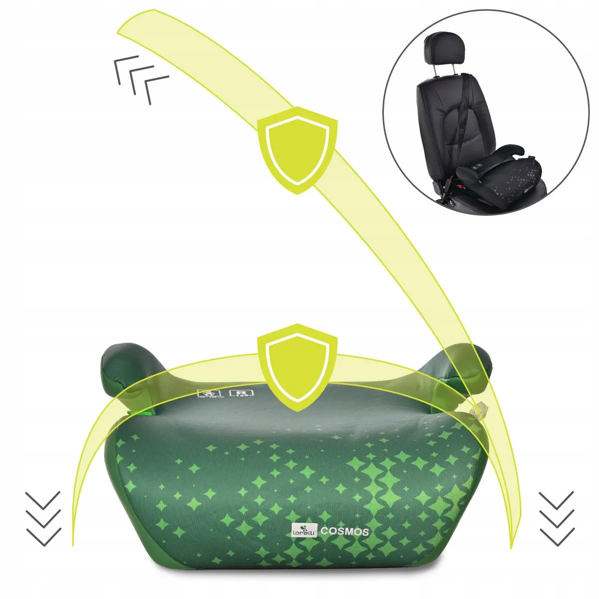 Automobilinė kėdutė-paaukštinimas Lorelli COSMOS, ISOFIX, i-Size, 125-150 cm, žalia