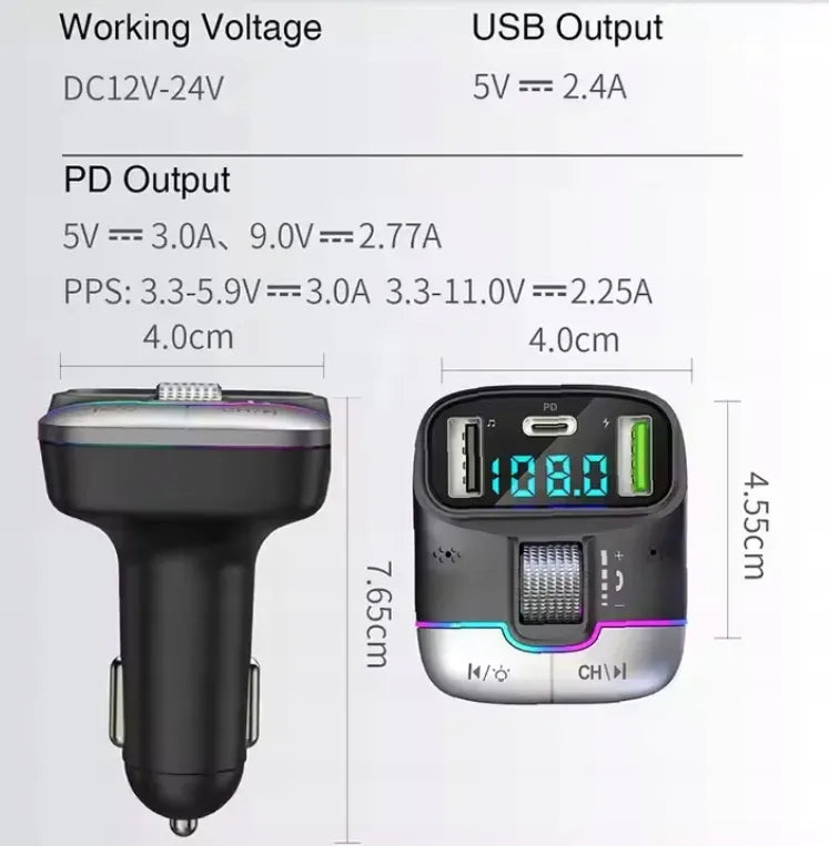 Automobilinis „Bluetooth 5.4“ siųstuvas, USB įkroviklis PD 25W QC 18W 12-24V