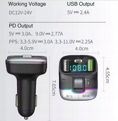 Automobilinis „Bluetooth 5.4“ siųstuvas, USB įkroviklis PD 25W QC 18W 12-24V