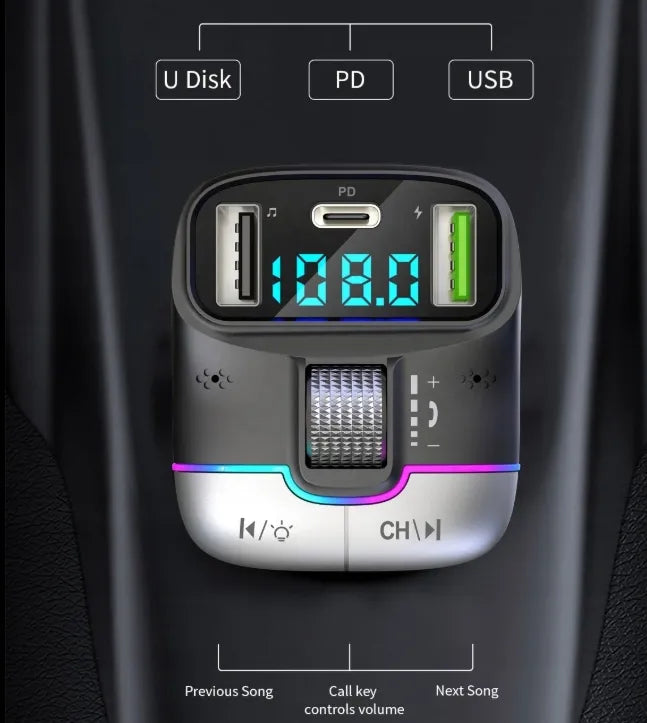 Automobilinis „Bluetooth 5.4“ siųstuvas, USB įkroviklis PD 25W QC 18W 12-24V