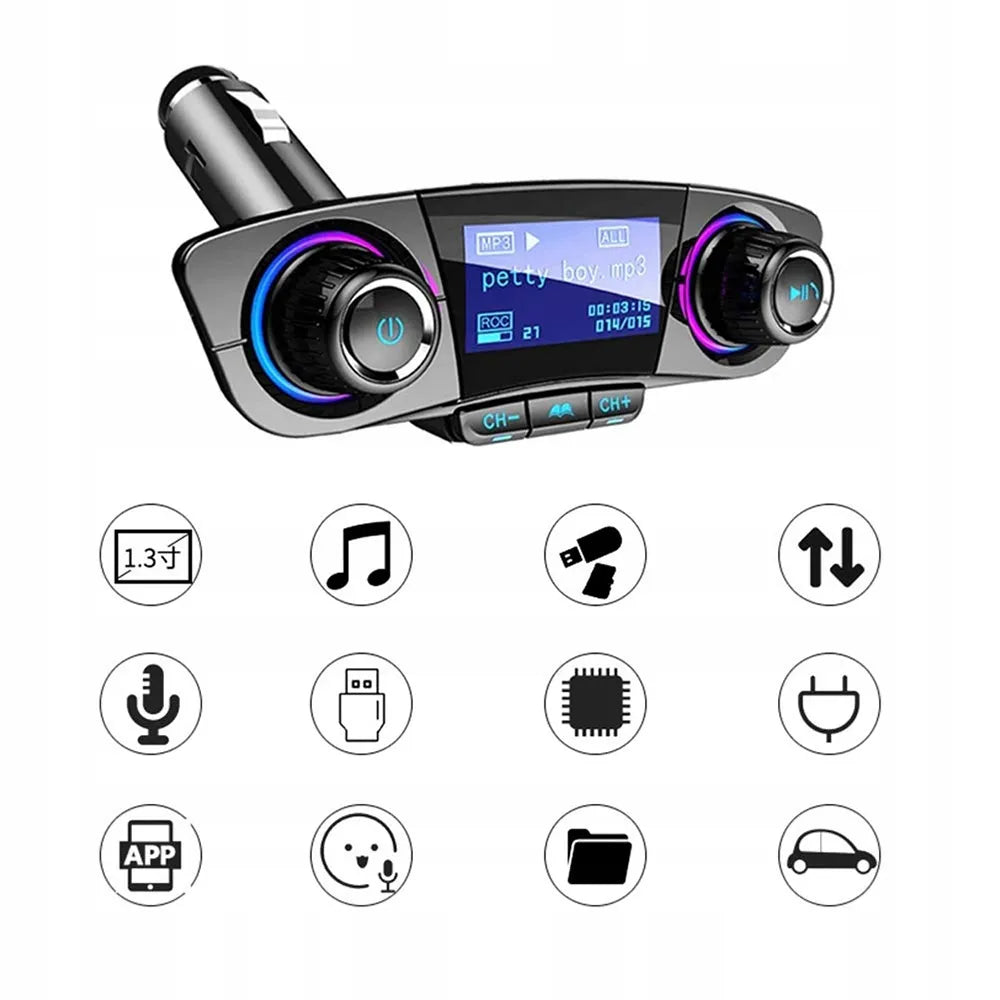 Automobilinis „Bluetooth FM“ siųstuvas, „AUX“, „BT“ įkroviklis su „USB“ ir voltmetru