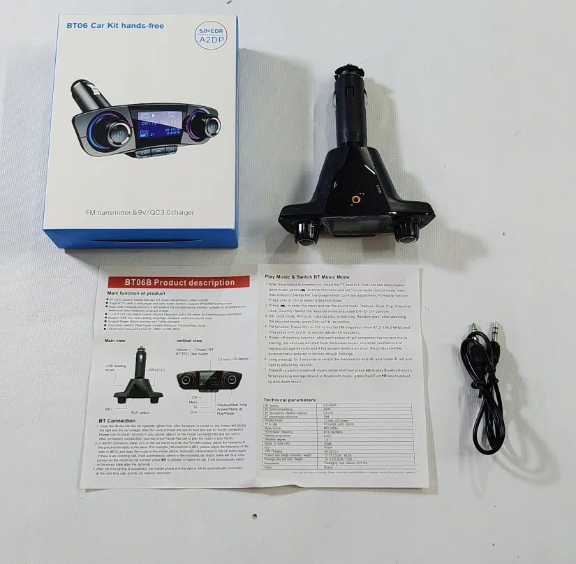 Automobilinis „Bluetooth FM“ siųstuvas, „AUX“, „BT“ įkroviklis su „USB“ ir voltmetru