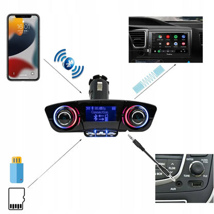 Automobilinis „Bluetooth FM“ siųstuvas, „AUX“, „BT“ įkroviklis su „USB“ ir voltmetru