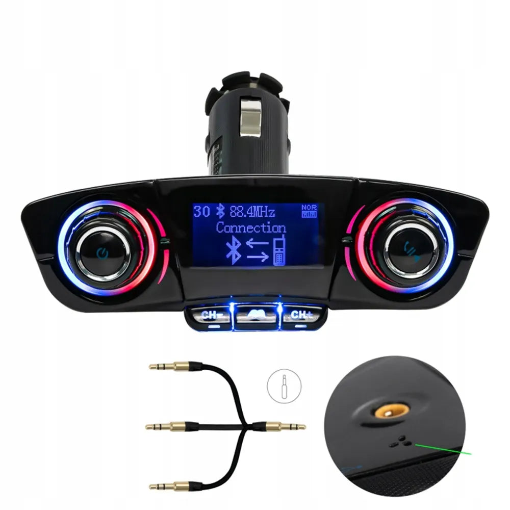 Automobilinis „Bluetooth FM“ siųstuvas, „AUX“, „BT“ įkroviklis su „USB“ ir voltmetru
