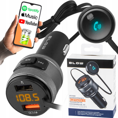 Automobilinis BLUETOOTH FM siųstuvas, įkroviklis ir laisvų rankų įranga su USB QC3.0