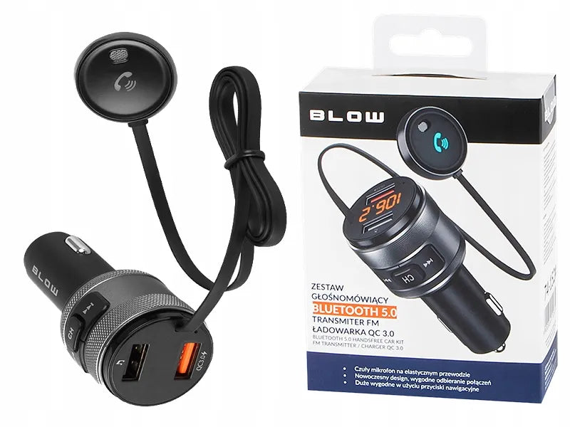 Automobilinis BLUETOOTH FM siųstuvas, įkroviklis ir laisvų rankų įranga su USB QC3.0