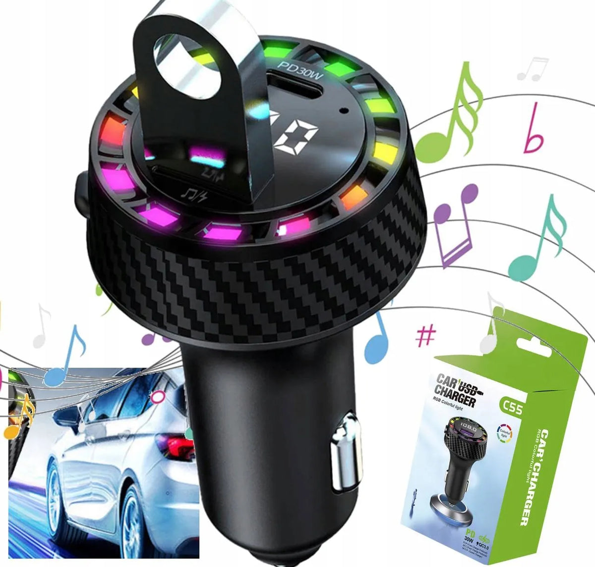 Automobilinis „Bluetooth“ FM siųstuvas, MP3 grotuvas, USB-C