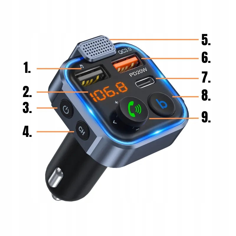 Automobilinis „Bluetooth“ FM siųstuvas P5 su 3x USB QC greituoju įkrovikliu