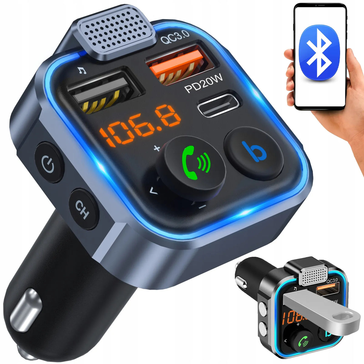 Automobilinis „Bluetooth“ FM siųstuvas P5 su 3x USB QC greituoju įkrovikliu