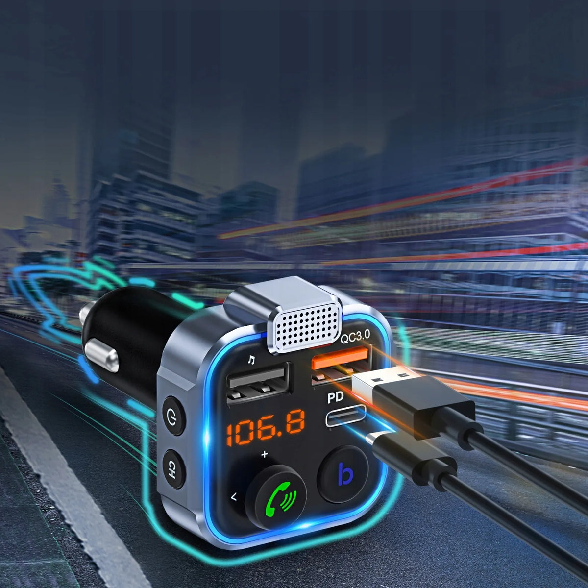 Automobilinis „Bluetooth“ FM siųstuvas P5 su 3x USB QC greituoju įkrovikliu
