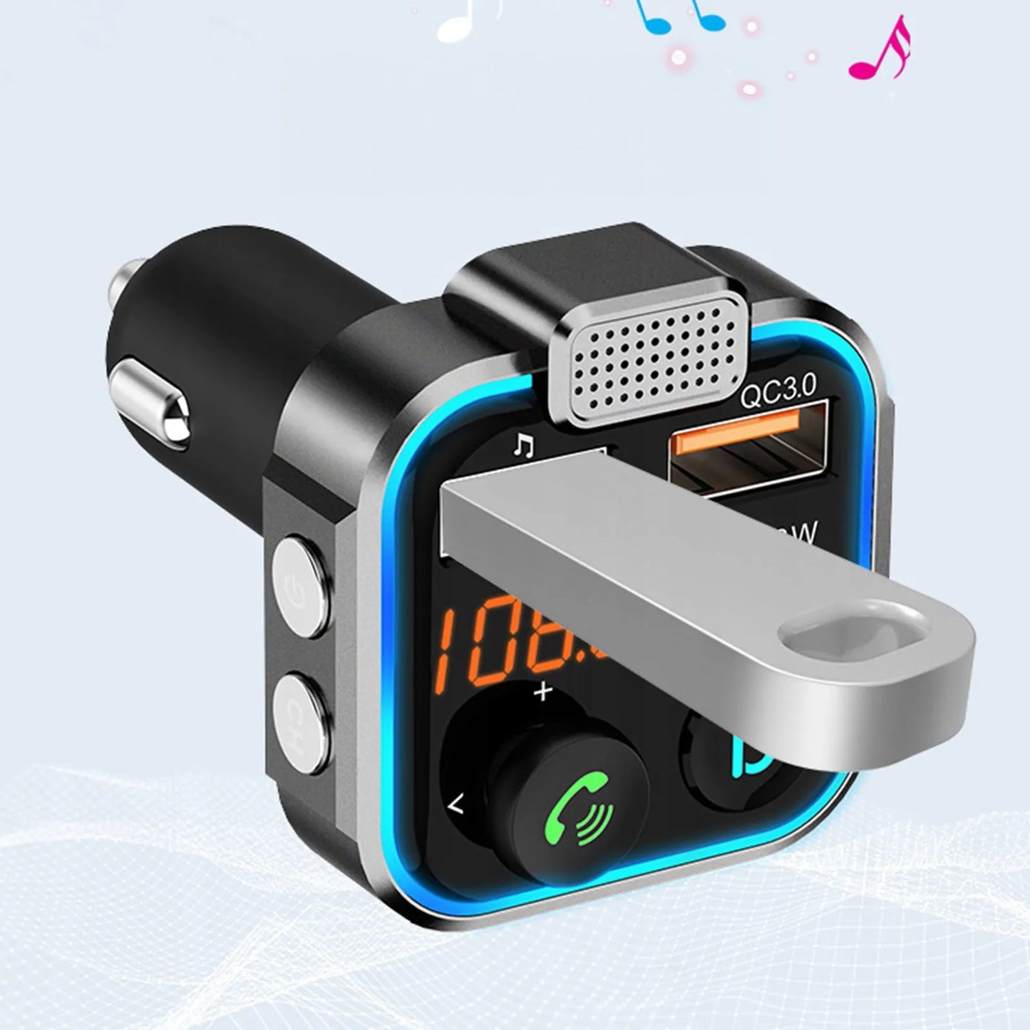 Automobilinis „Bluetooth“ FM siųstuvas P5 su 3x USB QC greituoju įkrovikliu