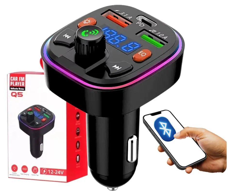 Automobilinis „Bluetooth FM“ siųstuvas su laisvų rankų įranga ir greitojo įkrovimo funkcija