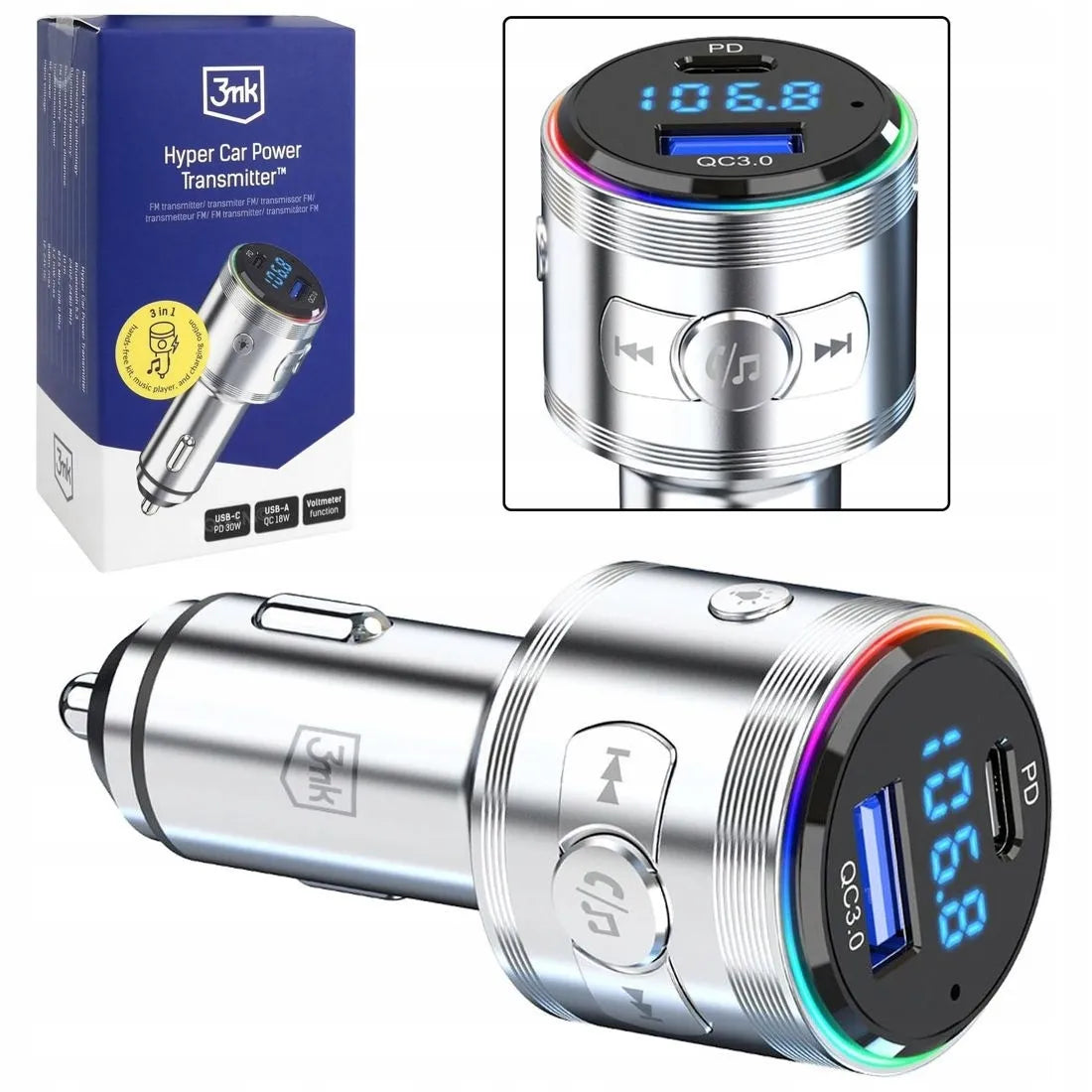 Automobilinis FM Bluetooth siųstuvas 3mk Hyper Car Power, USB-A ir USB-C greitasis įkroviklis