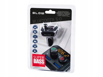 Automobilinis FM Bluetooth siųstuvas BLOW 74-153 su įkrovikliu, galingų bosų funkcija, 2xUSB ir SD kortelės jungtimi 12-24V