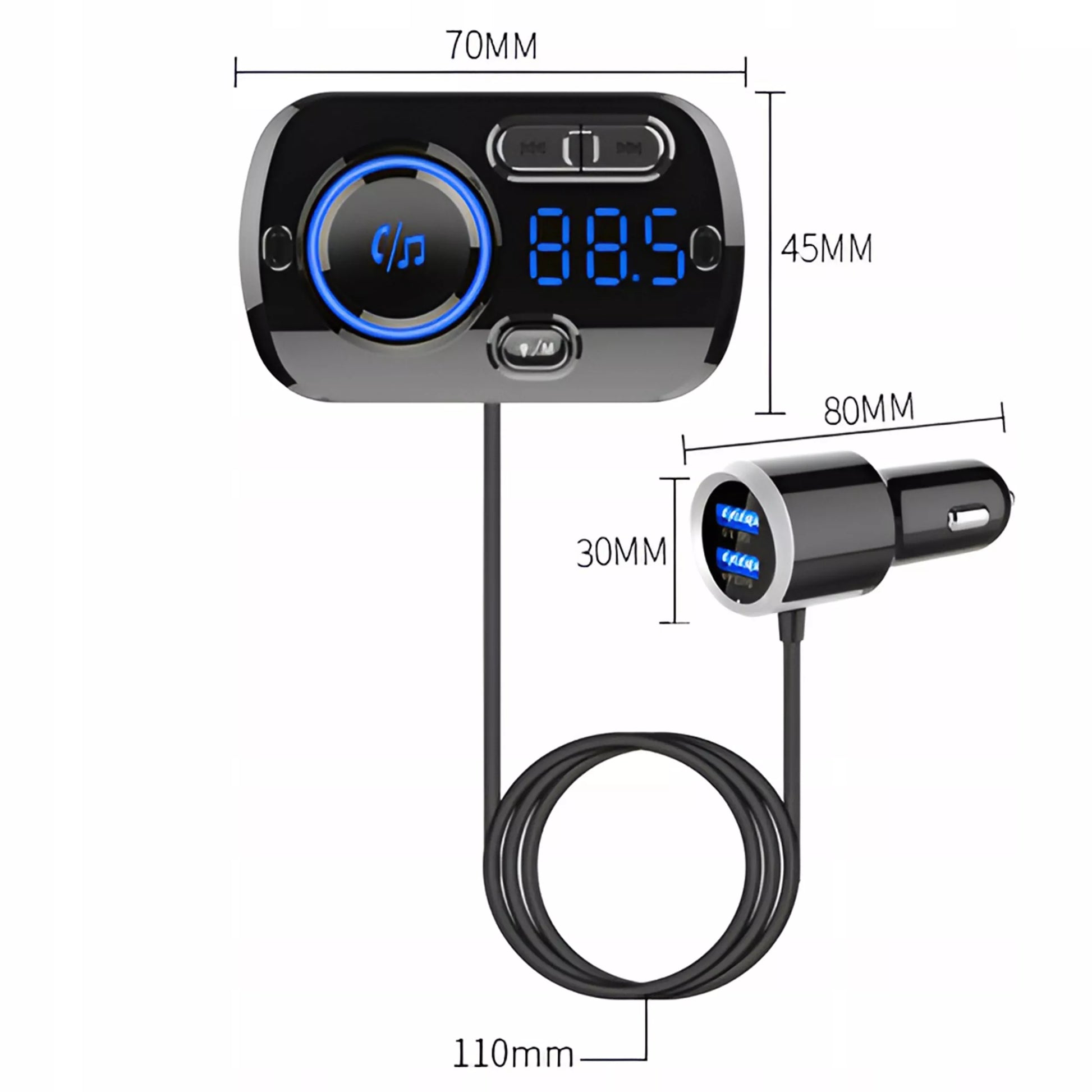Automobilinis FM Bluetooth siųstuvas su 2X greitojo įkrovimo USB-C jungtimis, AUX ir skambučių funkcija