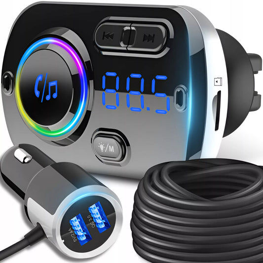Automobilinis FM Bluetooth siųstuvas su 2X greitojo įkrovimo USB-C jungtimis, AUX ir skambučių funkcija