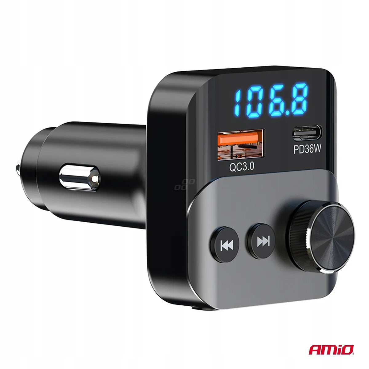 Automobilinis FM siųstuvas 1×USB-A 1×USB-C 12V 24V AMIO-04647