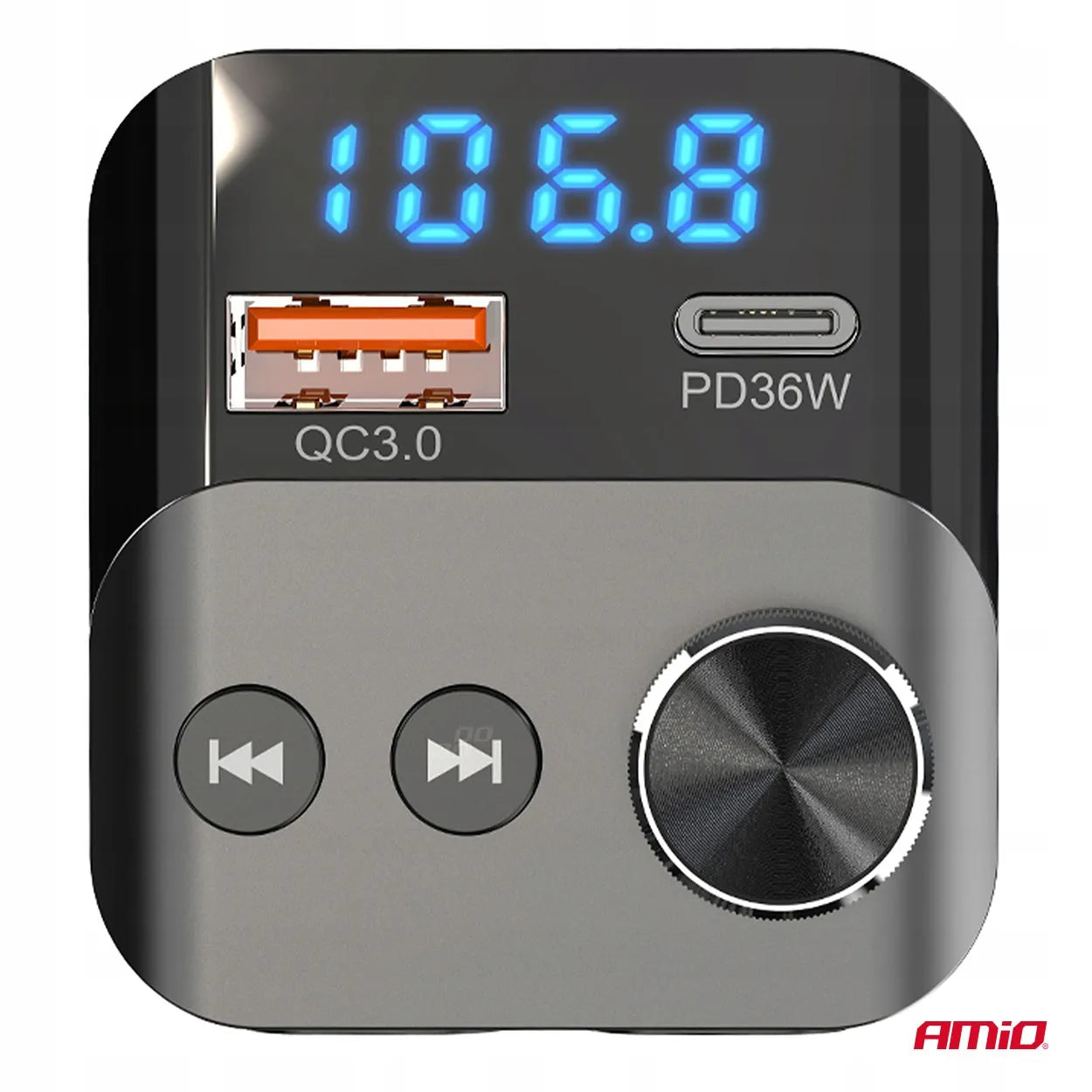 Automobilinis FM siųstuvas 1×USB-A 1×USB-C 12V 24V AMIO-04647