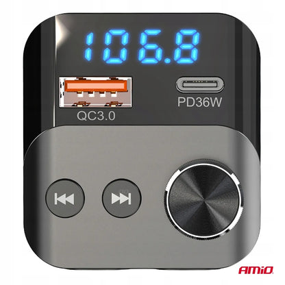 Automobilinis FM siųstuvas 1×USB-A 1×USB-C 12V 24V AMIO-04647