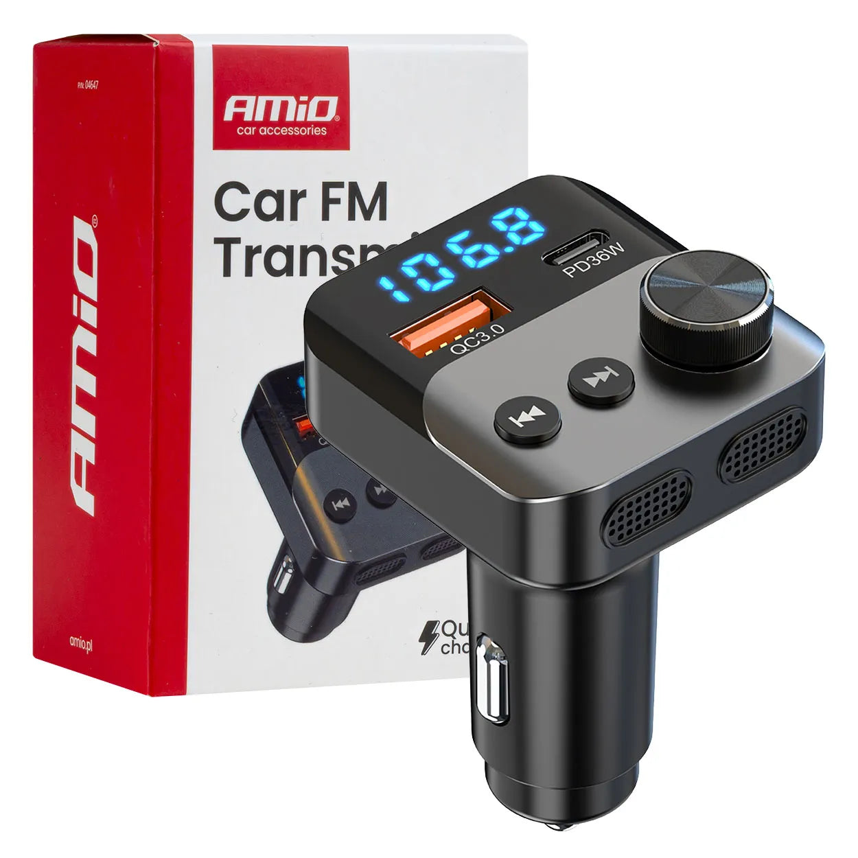 Automobilinis FM siųstuvas 1×USB-A 1×USB-C 12V 24V AMIO-04647