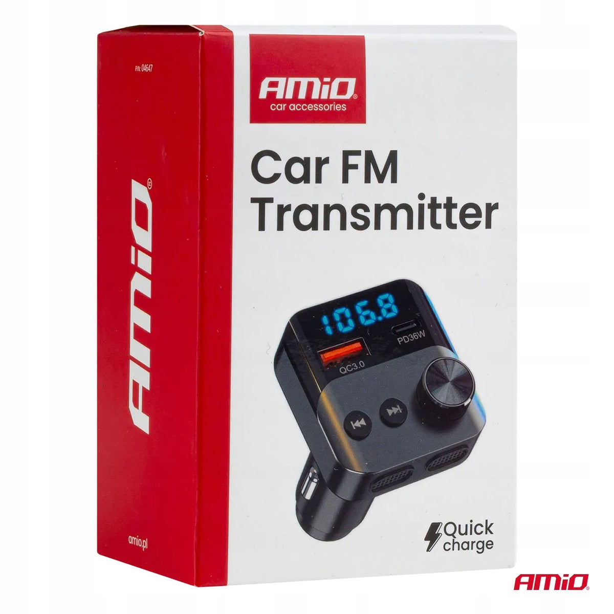 Automobilinis FM siųstuvas 1×USB-A 1×USB-C 12V 24V AMIO-04647