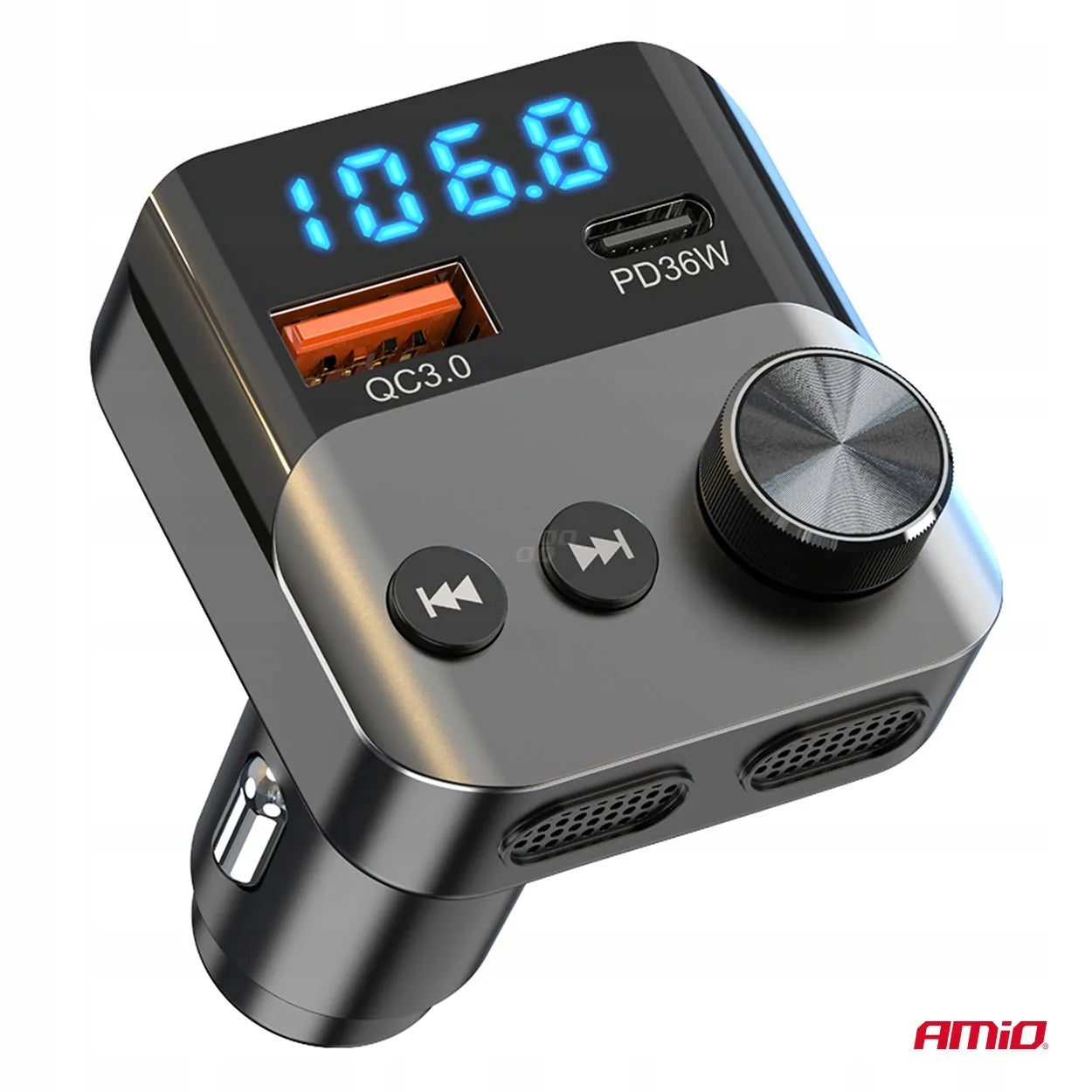 Automobilinis FM siųstuvas 1×USB-A 1×USB-C 12V 24V AMIO-04647