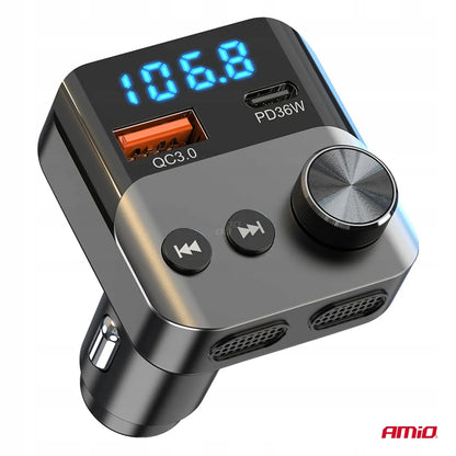 Automobilinis FM siųstuvas 1×USB-A 1×USB-C 12V 24V AMIO-04647
