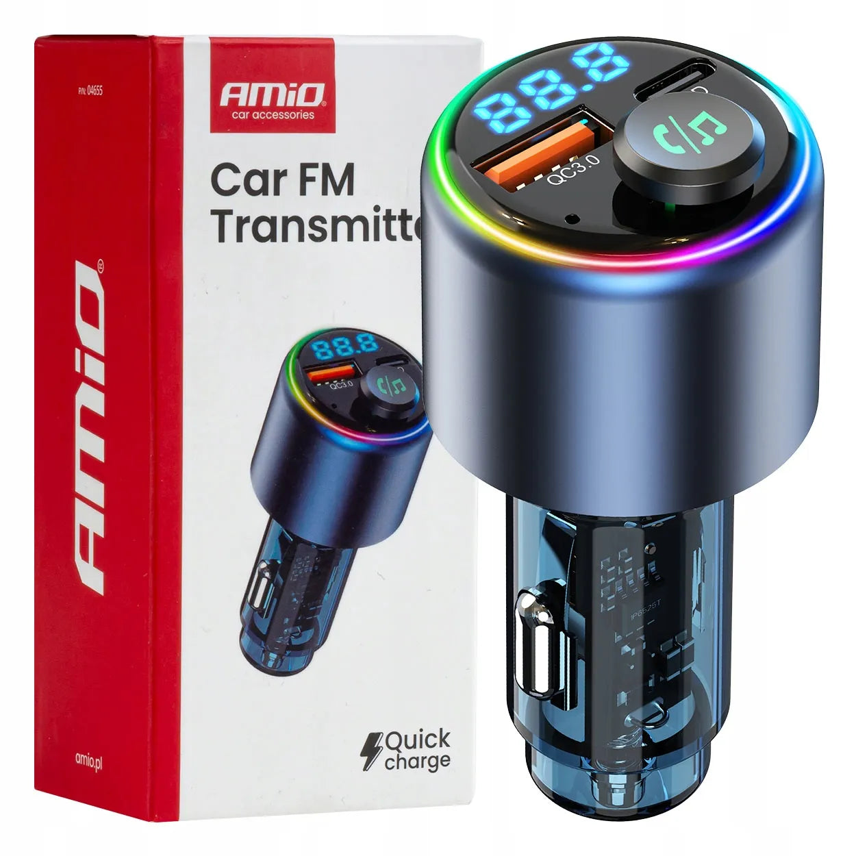 Automobilinis FM siųstuvas 1×USB-A 1×USB-C 12V 24V AMIO-04655