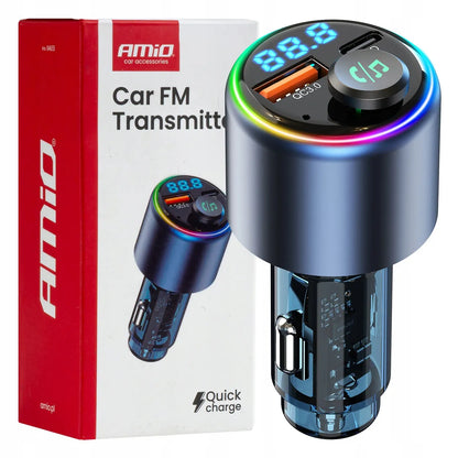 Automobilinis FM siųstuvas 1×USB-A 1×USB-C 12V 24V AMIO-04655