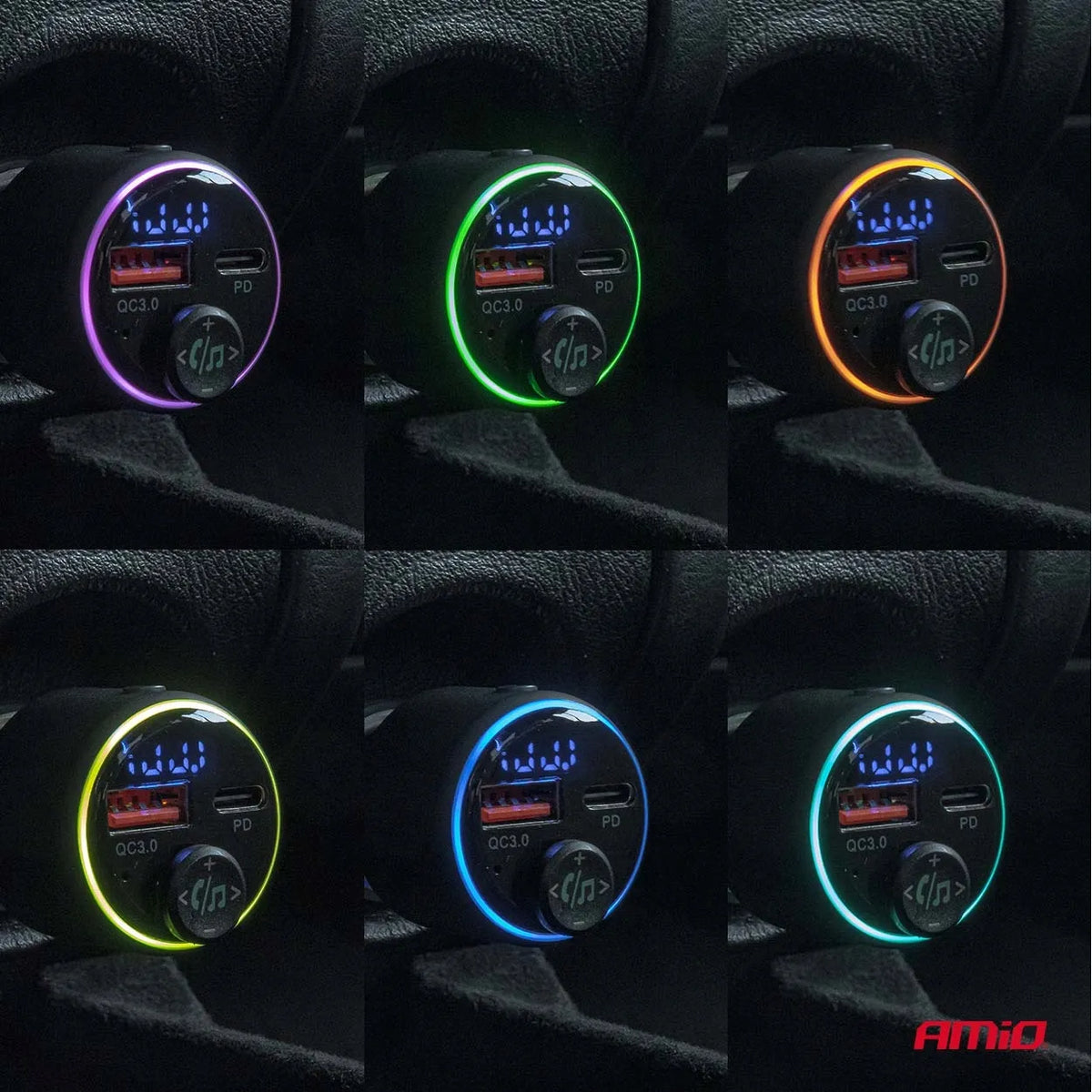 Automobilinis FM siųstuvas 1×USB-A 1×USB-C 12V 24V AMIO-04655