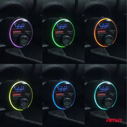 Automobilinis FM siųstuvas 1×USB-A 1×USB-C 12V 24V AMIO-04655