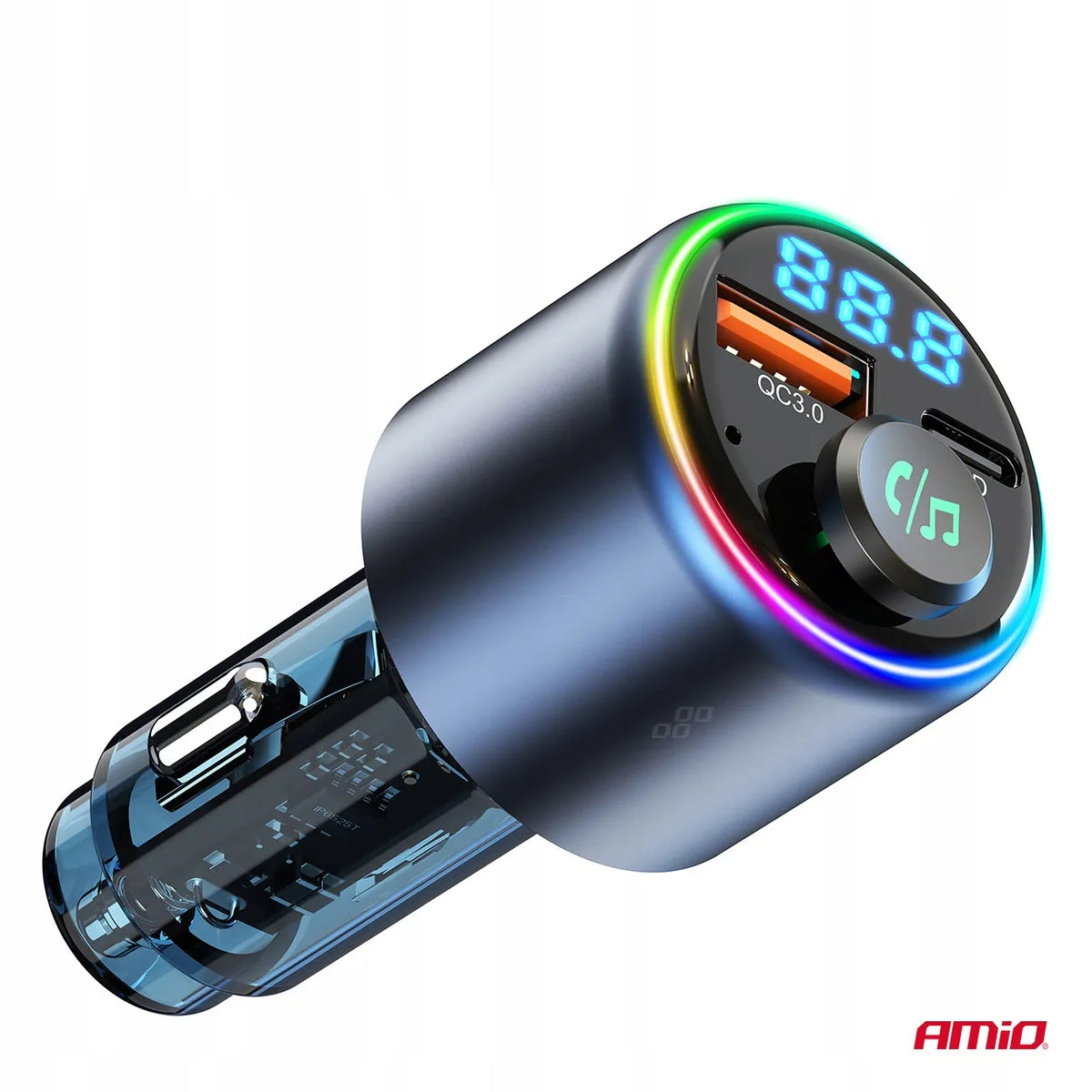 Automobilinis FM siųstuvas 1×USB-A 1×USB-C 12V 24V AMIO-04655