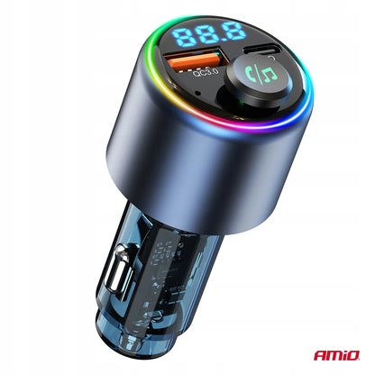 Automobilinis FM siųstuvas 1×USB-A 1×USB-C 12V 24V AMIO-04655