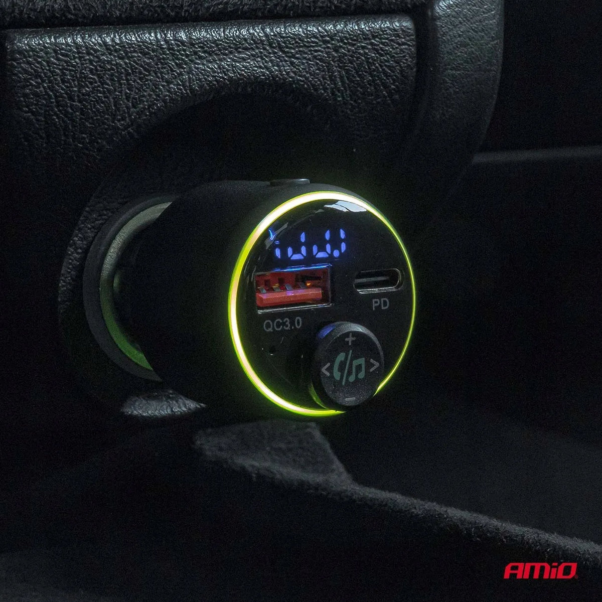Automobilinis FM siųstuvas 1×USB-A 1×USB-C 12V 24V AMIO-04655