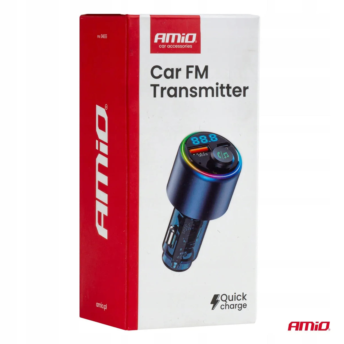 Automobilinis FM siųstuvas 1×USB-A 1×USB-C 12V 24V AMIO-04655