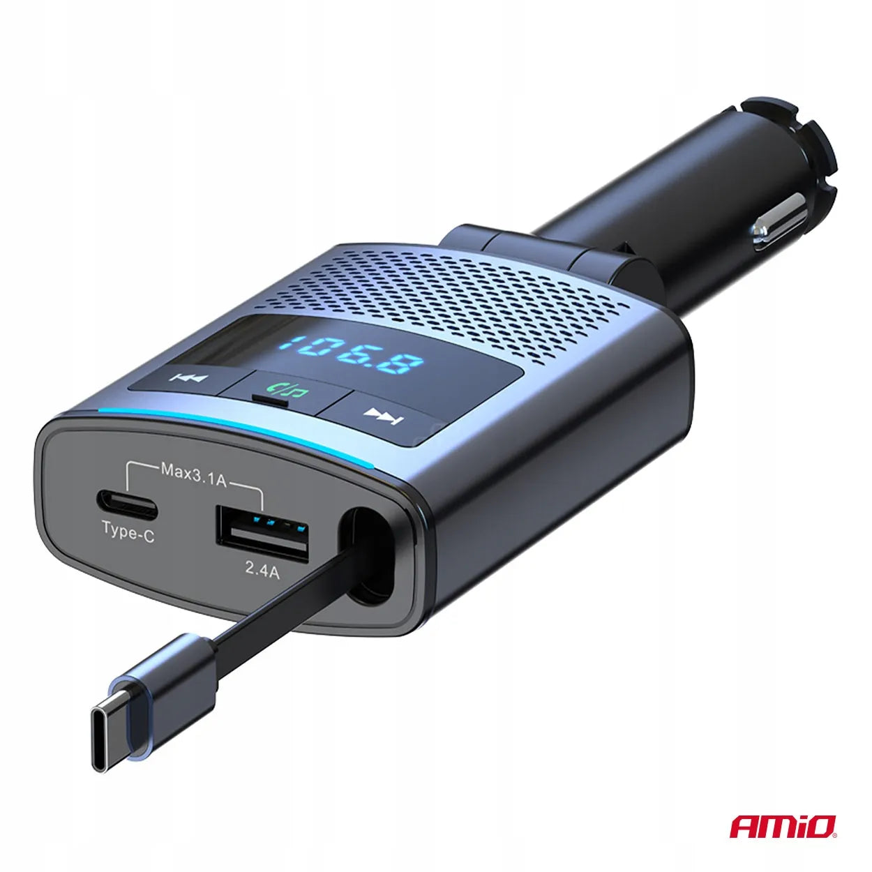 Automobilinis FM siųstuvas 1×USB-A 1×USB-C 12V 24V AMIO-04656