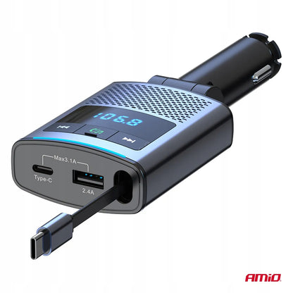Automobilinis FM siųstuvas 1×USB-A 1×USB-C 12V 24V AMIO-04656