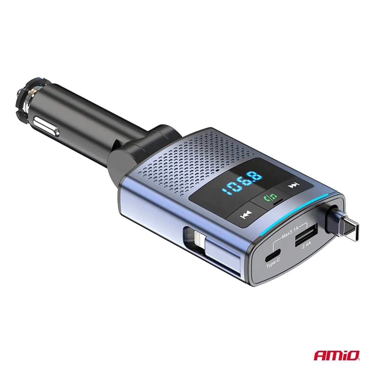 Automobilinis FM siųstuvas 1×USB-A 1×USB-C 12V 24V AMIO-04656