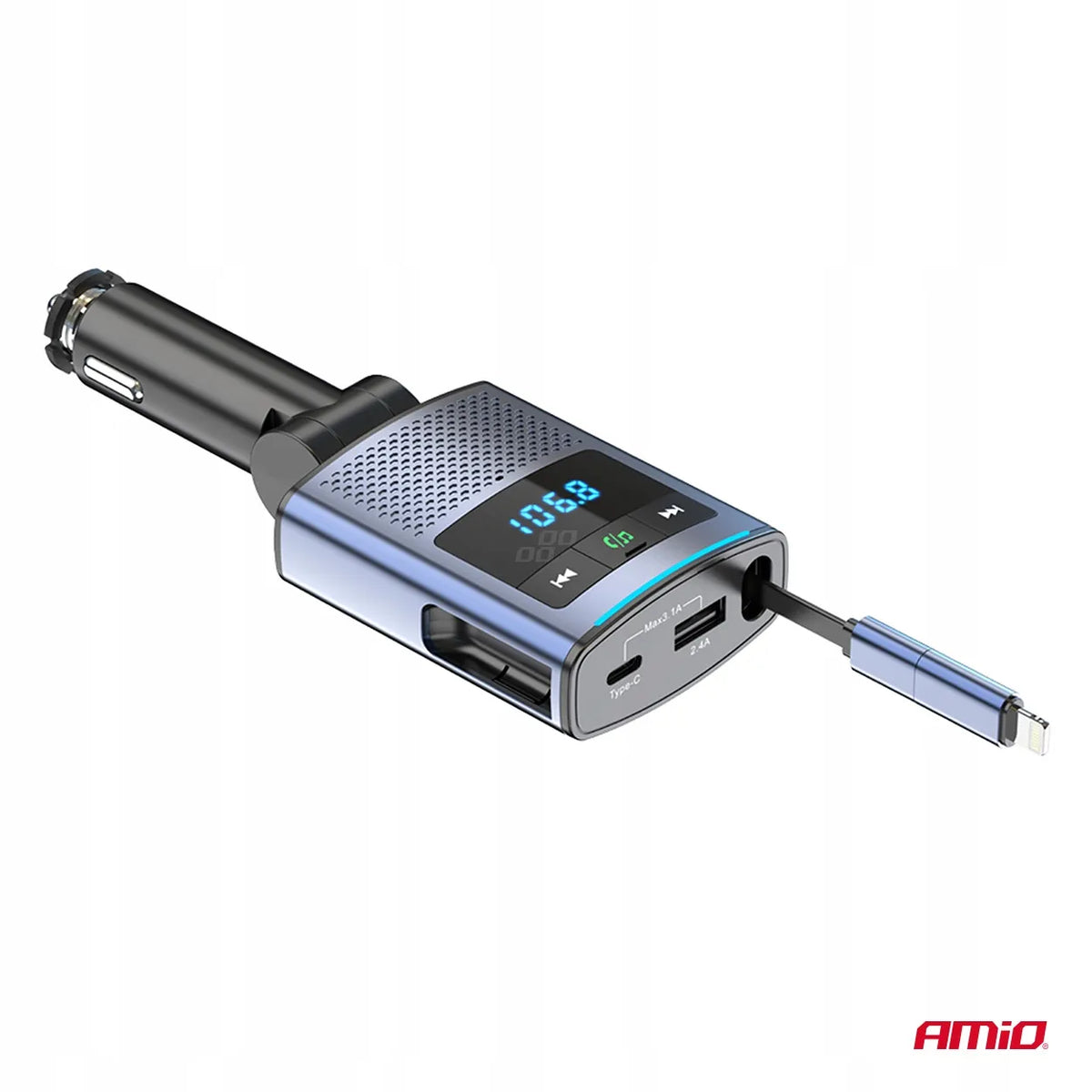 Automobilinis FM siųstuvas 1×USB-A 1×USB-C 12V 24V AMIO-04656