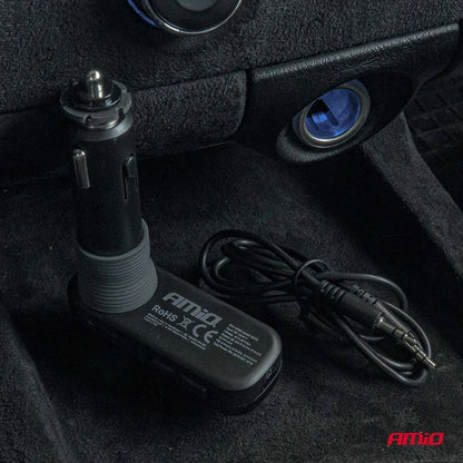 Automobilinis FM siųstuvas 2xUSB-A 1xUSB-C microSD 12V 24V Amio-04653