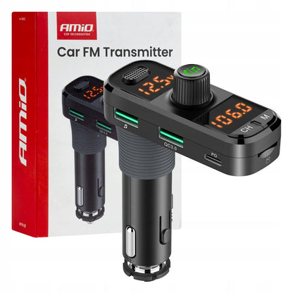 Automobilinis FM siųstuvas 2xUSB-A 1xUSB-C microSD 12V 24V Amio-04653