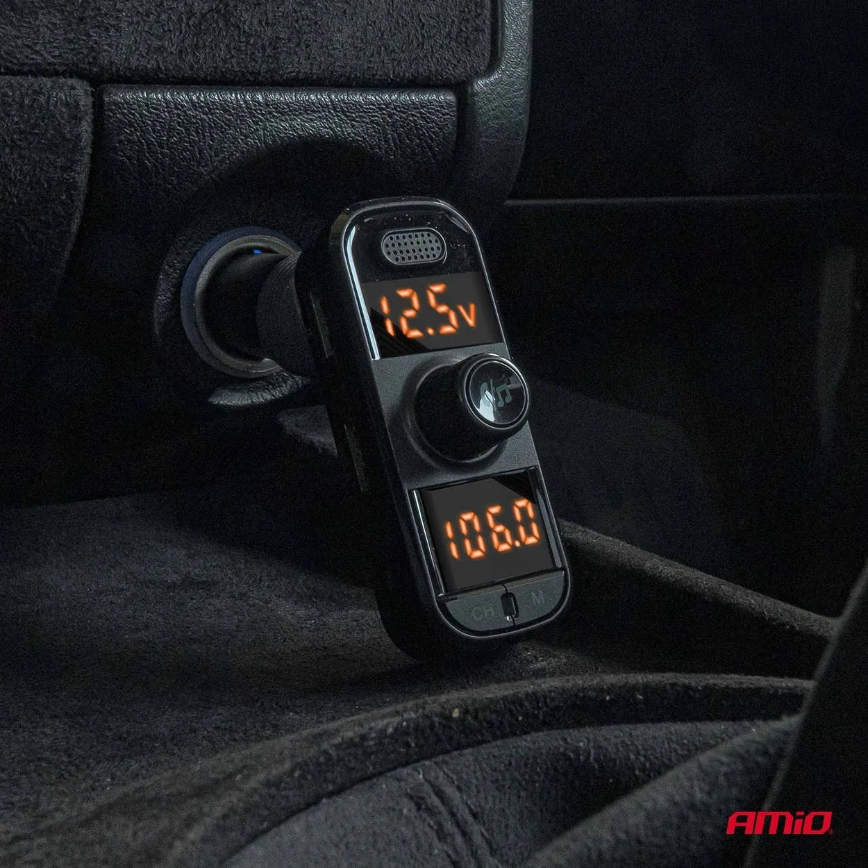 Automobilinis FM siųstuvas 2xUSB-A 1xUSB-C microSD 12V 24V Amio-04653