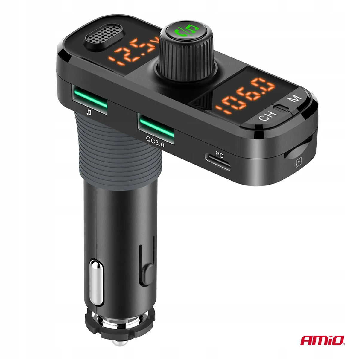Automobilinis FM siųstuvas 2xUSB-A 1xUSB-C microSD 12V 24V Amio-04653